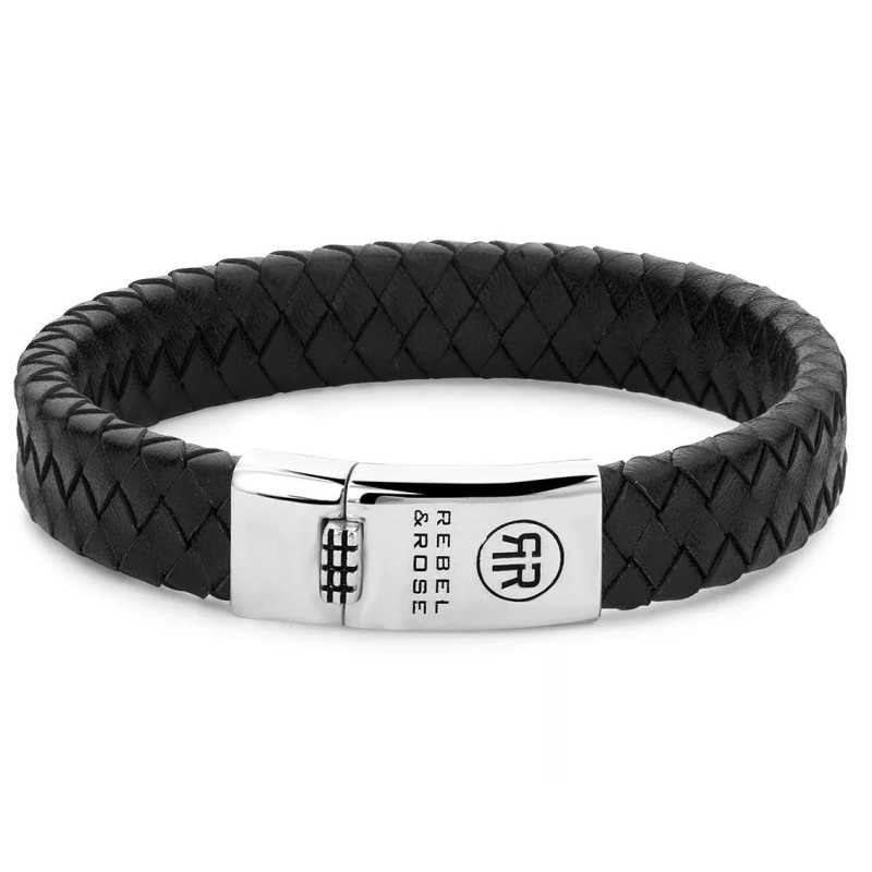 Černý kožený náramek Braided Flat 925 Black RR-L00141-S Rebel&Rose / Délka: 19 cm