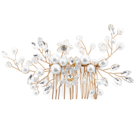 Nádherný pozlacený hřeben do vlasů s kamínky a perlami Troli