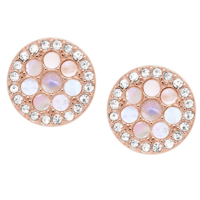 Třpytivé růžově zlacené ocelové náušnice JF02906791 Fossil