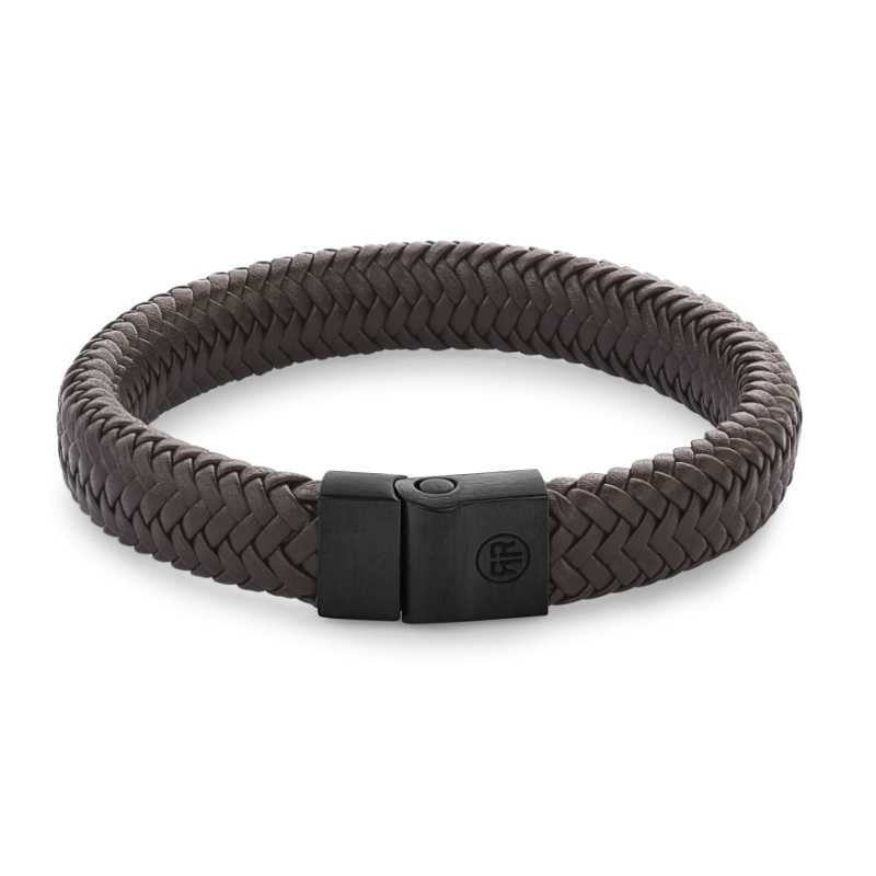 Hnědý kožený náramek Herringbone Brown Black RR-M0023-B Rebel&Rose / Rozměr: 19 cm - L
