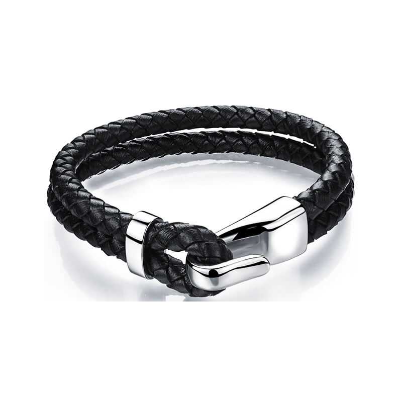 Černý kožený náramek s ocelovým hákem Leather Troli Černý kožený náramek s ocelovým hákem Leather Troli