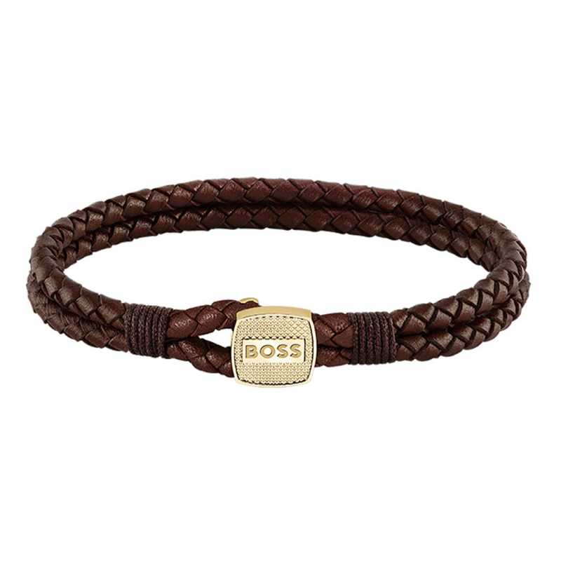 Hnědý pletený náramek z kůže Seal 1580667 Hugo Boss / Délka: 19 cm Hnědý pletený náramek z kůže Seal 1580667 Hugo Boss / Délka: 19 cm