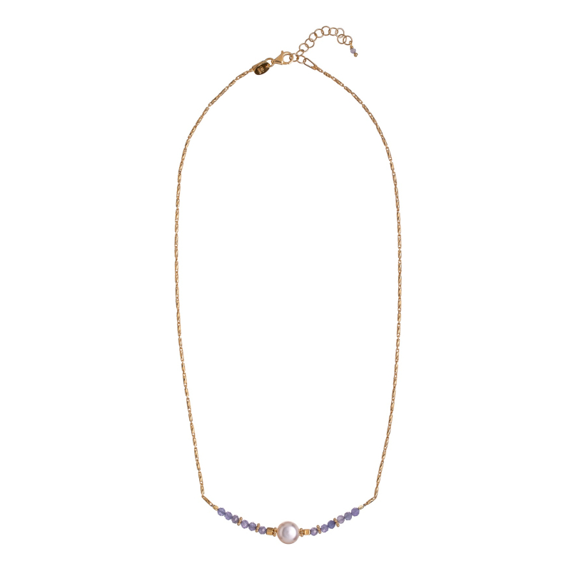 Pozlacený náhrdelník s korálky tanzanitu a pravou perlou AL4109-Oro-Tanzanite Alisia