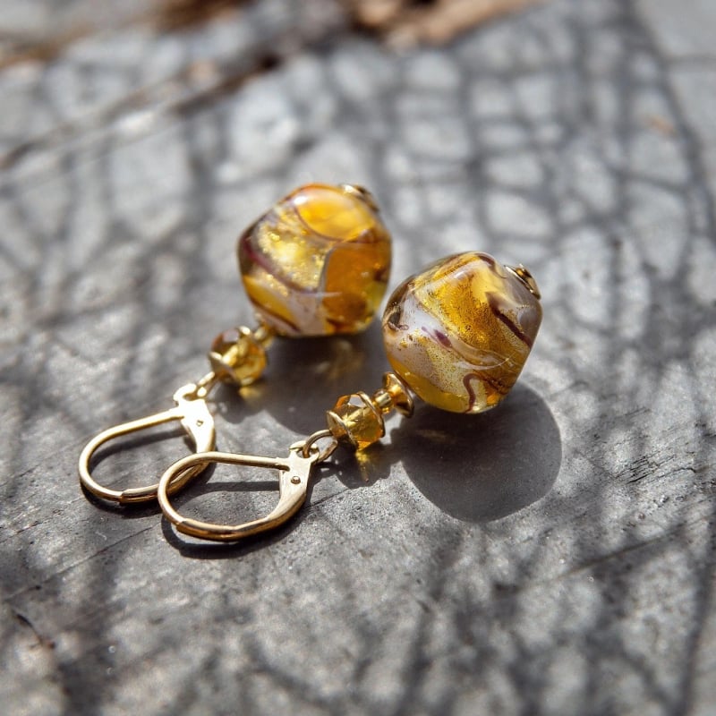 Luxusní náušnice Amber Desire s 24karátovým zlatem v perlách Lampglas ERO28 Lampglas