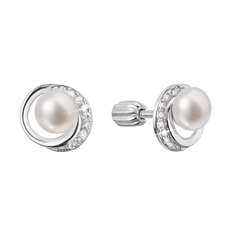 Stříbrné náušnice pecky s kulatou říční perlou a zirkony 21098.1B Evolution Group