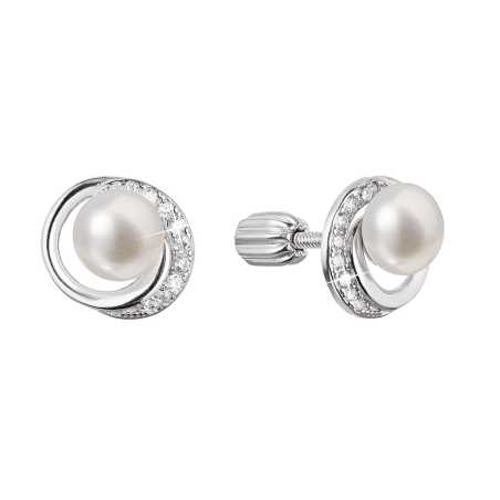 Stříbrné náušnice pecky s kulatou říční perlou a zirkony 21098.1B Evolution Group