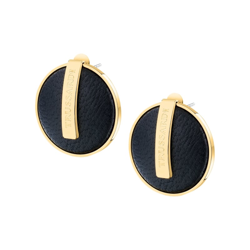 Jedinečné pozlacené náušnice s černou kůží T-Round TJAYF01 Trussardi