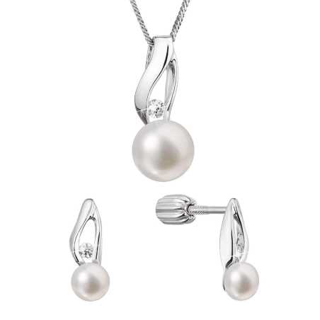 Souprava stříbrných šperků s pravými perlami a zirkony 29070.1B (náušnice, řetízek, přívěsek) Evolution Group