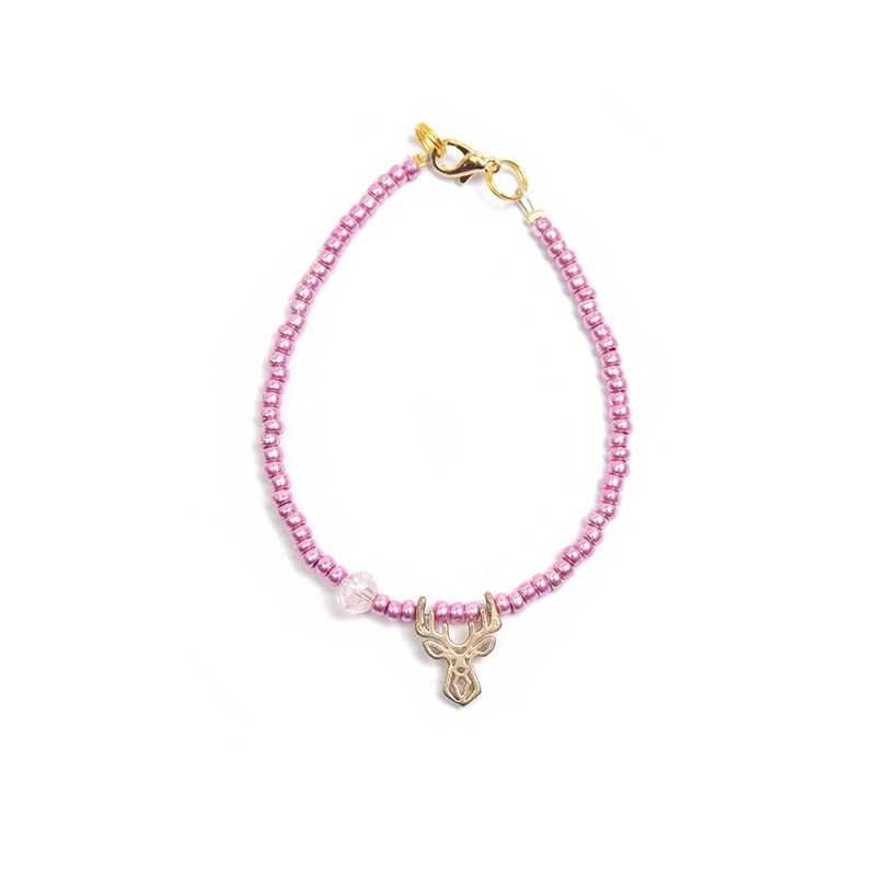 Růžový korálkový mini náramek s jelínkem Deers