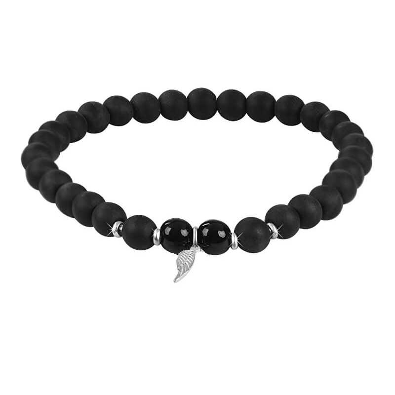 Kuličkový náramek z onyxu s andělským křídlem Troli / Délka: 17 cm Kuličkový náramek z onyxu s andělským křídlem Troli / Délka: 17 cm