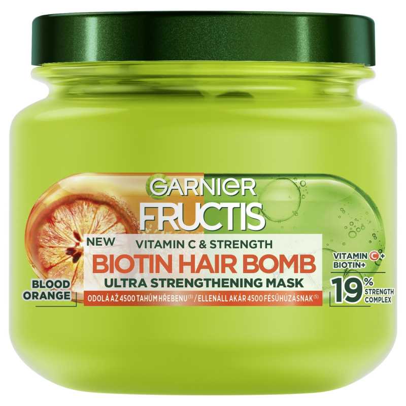 Posilující maska pro slabé vlasy Fructis Vitamin C & Strength Biotin Hair Bomb (Ultra Strengthening Mask) Garnier - 320 ml Posilující maska pro slabé vlasy Fructis Vitamin C & Strength Biotin Hair Bomb (Ultra Strengthening Mask) Garnier - 320 ml