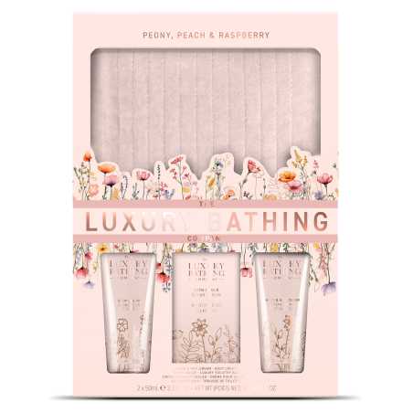 Dárková sada péče o tělo s kosmetickou taškou Pivoňka, Broskev & Malina The Luxury Bathing Company - 4 ks