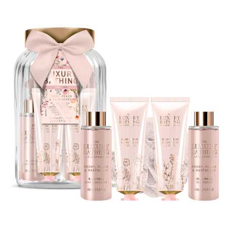 Dárková sada ve skleněné dóze Pivoňka, Broskev & Malina The Luxury Bathing Company - 5 ks