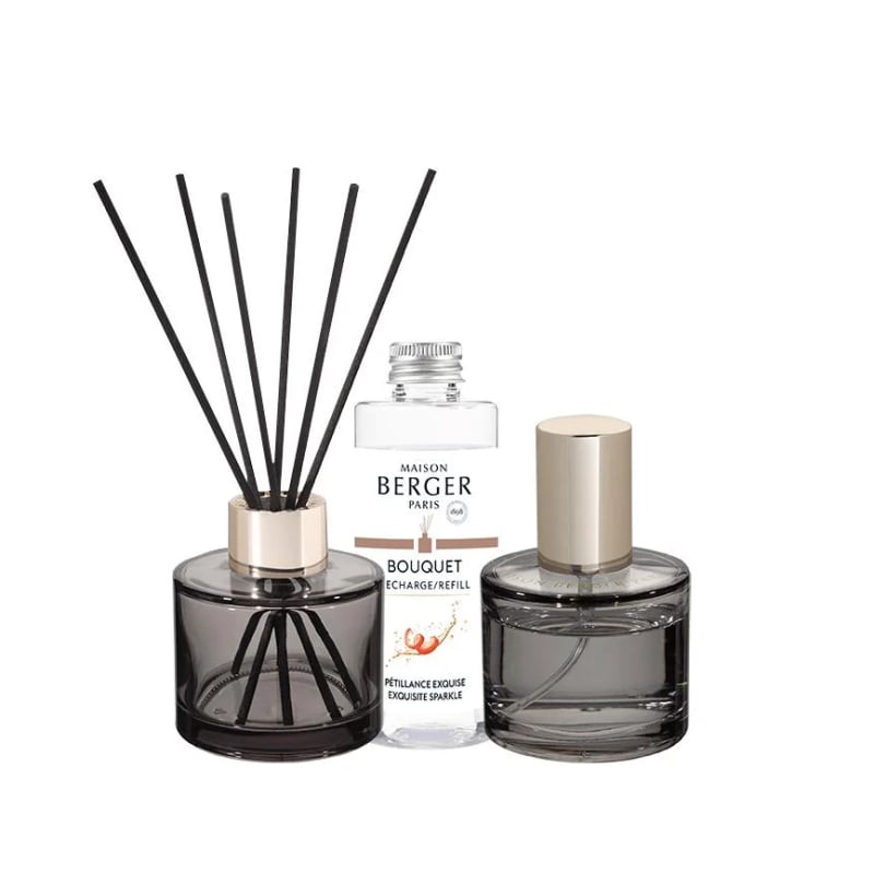 Dárková sada aroma difuzér Rosalie šedý + náplň a bytový sprej Intenzivní třpyt Maison Berger Paris