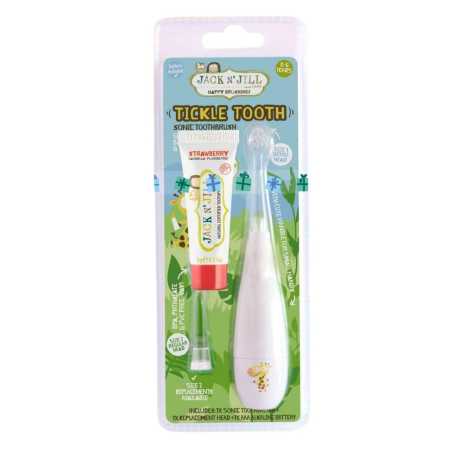 Jack n' Jill Dětský sonický zubní kartáček Tickle Tooth + zubní pasta - jahoda (5 g) - s náhradní hlavicí, i pro nejmenší děti