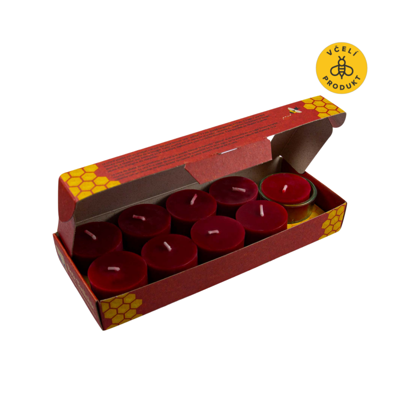 Kerzenfarm Sada čajových svíček ze včelího vosku (9 ks + stojánek) - bezobalové, červené - ruční výroba Kerzenfarm Sada čajových svíček ze včelího vosku (9 ks + stojánek) - bezobalové, červené - ruční výroba
