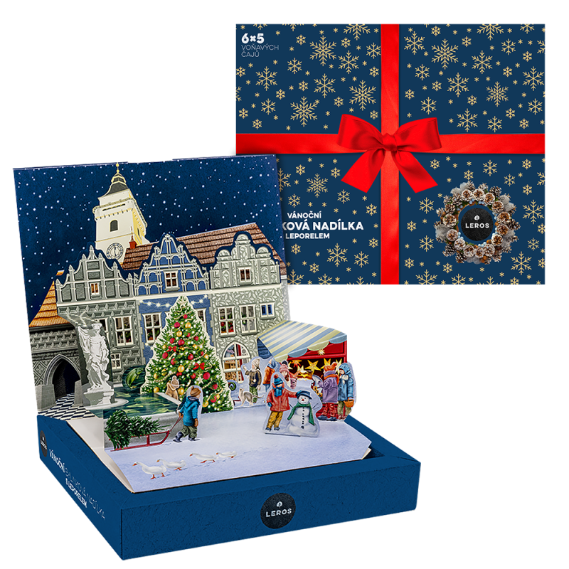 LEROS Dárková sada Bylinková nadílka (6 x 5 nálev. sáčků) - Leporelo - vánoční náměstí a 6 druhů čajů LEROS Dárková sada Bylinková nadílka (6 x 5 nálev. sáčků) - Leporelo - vánoční náměstí a 6 druhů čajů