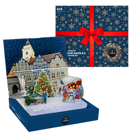 LEROS Dárková sada Bylinková nadílka (6 x 5 nálev. sáčků) - Leporelo - vánoční náměstí a 6 druhů čajů