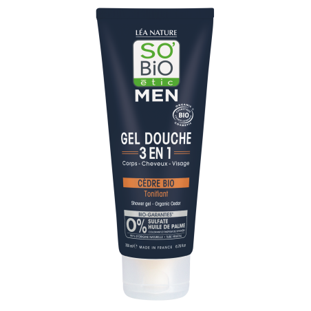 SO’BiO étic Gel sprchový MEN 3v1 - tonizující cedr BIO (200 ml) - na tělo, obličej i vlasy