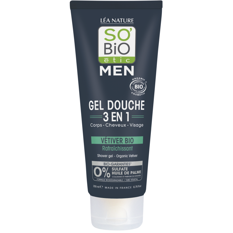 SO’BiO étic Gel sprchový MEN 3v1 - osvěžující vetiver BIO (200 ml) - na tělo, obličej i vlasy SO’BiO étic Gel sprchový MEN 3v1 - osvěžující vetiver BIO (200 ml) - na tělo, obličej i vlasy