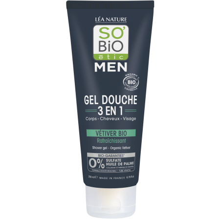 SO’BiO étic Gel sprchový MEN 3v1 - osvěžující vetiver BIO (200 ml) - na tělo, obličej i vlasy
