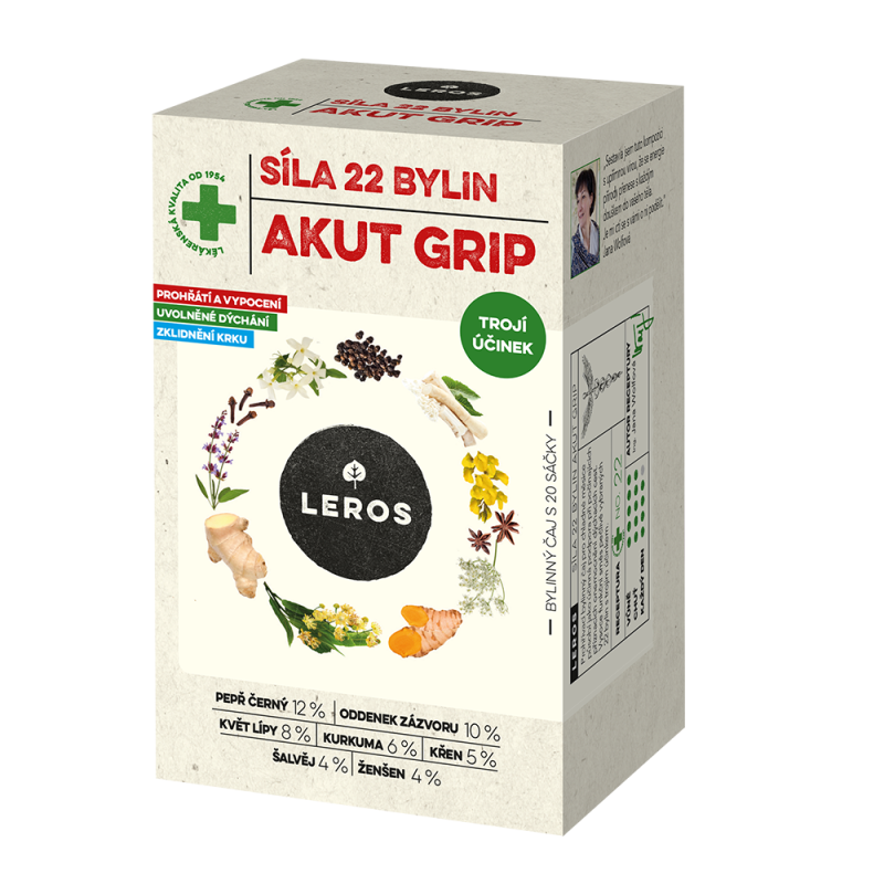 LEROS Bylinný čaj Síla 22 bylin AKUT GRIP - nálev. sáčky (20 x 2,5 g) - trojí účinek - prohřeje, uvolní dýchání a krk LEROS Bylinný čaj Síla 22 bylin AKUT GRIP - nálev. sáčky (20 x 2,5 g) - trojí účinek - prohřeje, uvolní dýchání a krk