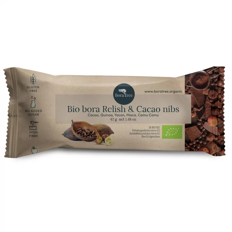 BIO Tyčinka s kakaovými boby a směsí BIO bora Relish Boratree - 42 g BIO Tyčinka s kakaovými boby a směsí BIO bora Relish Boratree - 42 g