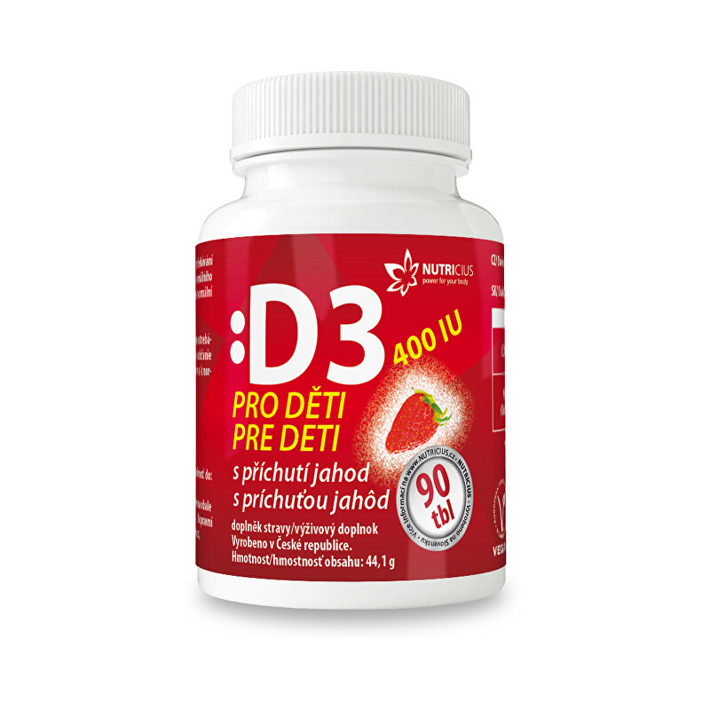 Vitamín D3 pro děti 400IU / jahoda Nutricius - 90 tbl. Vitamín D3 pro děti 400IU / jahoda Nutricius - 90 tbl.