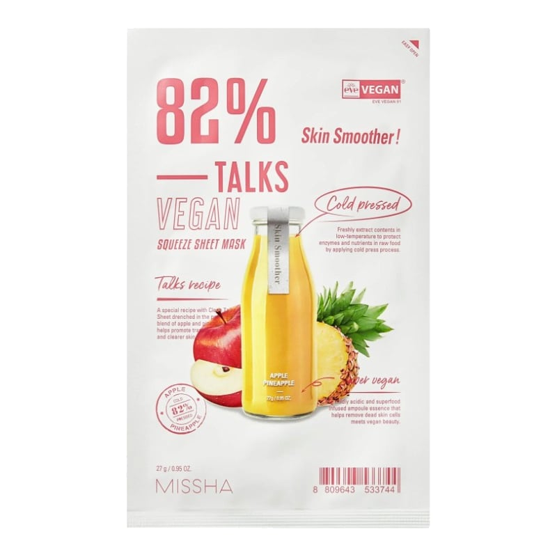 Veganská pleťová maska Talks Vegan Squeeze Skin Smoother (Sheet Mask) Missha - 27 g Veganská pleťová maska Talks Vegan Squeeze Skin Smoother (Sheet Mask) Missha - 27 g