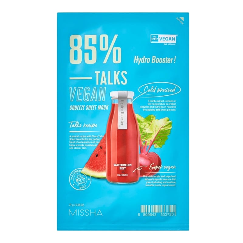 Veganská pleťová maska Talks Vegan Squeeze Hydro Booster (Sheet Mask) Missha - 27 g Veganská pleťová maska Talks Vegan Squeeze Hydro Booster (Sheet Mask) Missha - 27 g