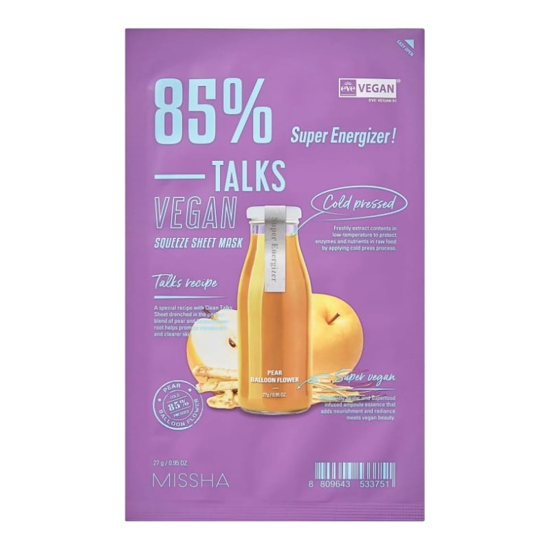 Veganská pleťová maska Talks Vegan Squeeze Super Energizer (Sheet Mask) Missha - 27 g Veganská pleťová maska Talks Vegan Squeeze Super Energizer (Sheet Mask) Missha - 27 g