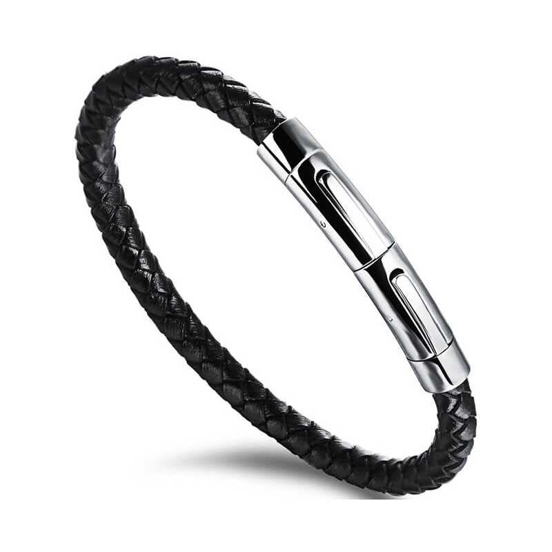 Černý propletený náramek s ocelovou sponou Leather Troli