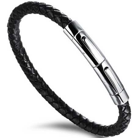 Černý propletený náramek s ocelovou sponou Leather Troli