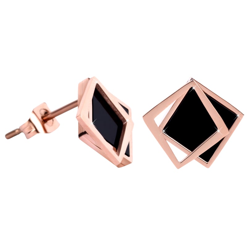 Bronzové náušnice ve tvaru dvojitého čtverce / černé Troli Bronzové náušnice ve tvaru dvojitého čtverce / černé Troli