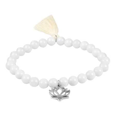 Korálkový náramek z bílého achátu s lotosovým květem a střapcem Troli / Délka: 20 cm