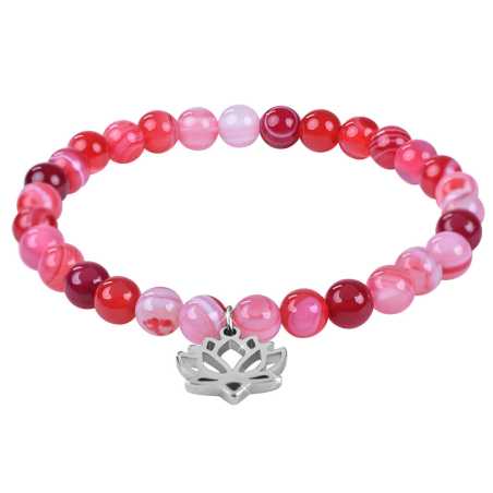 Korálkový náramek z růžového achátu s lotosovým květem Troli / Délka: 18 cm