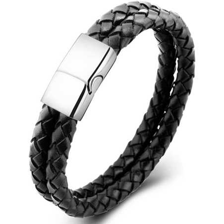 Dvojitý černý náramek z proplétané kůže Leather Troli