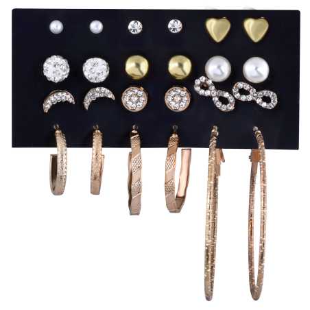 Sada pozlacených kruhových náušnic a pecek se zirkony Gold/Rose Gold (12 párů) Troli