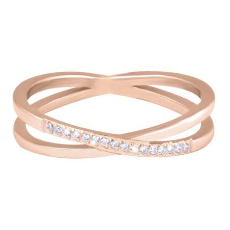 Pozlacený dvojitý prsten z oceli s čirými zirkony Rose Gold Troli / Obvod: 52 mm - 52 mm