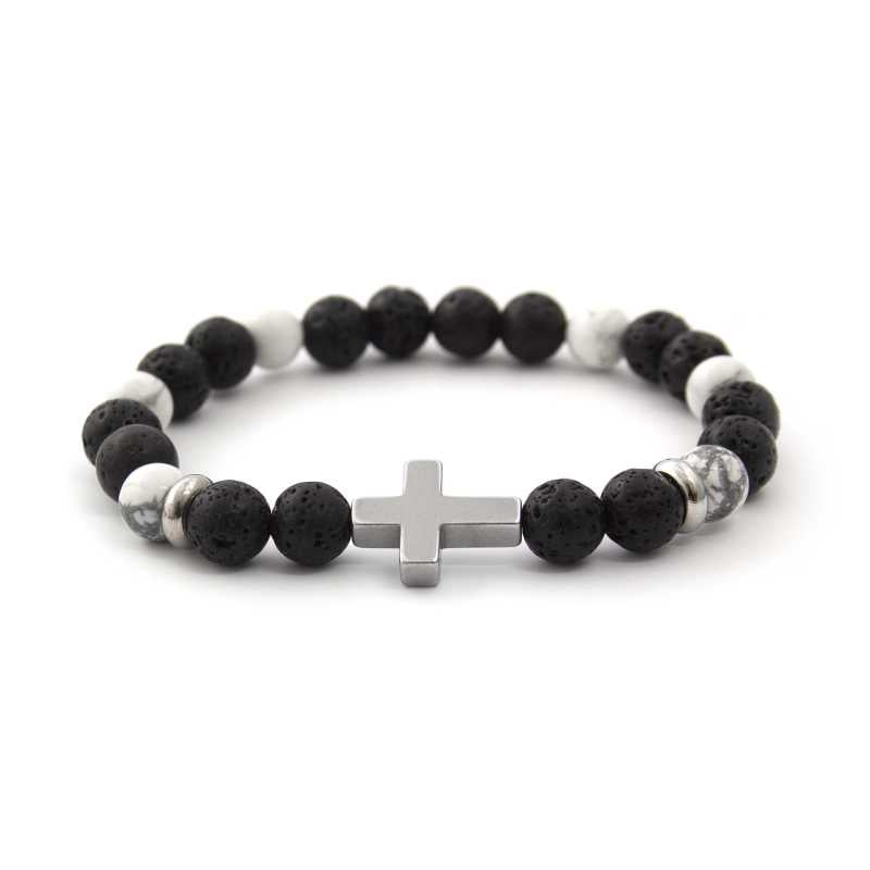 Korálkový náramek z lávového kamene, howlitu a hematitu MINK64 Agato / Délka: 19 cm